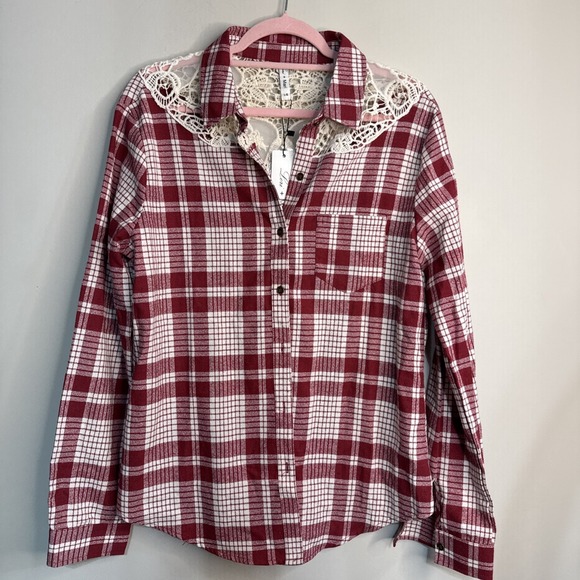 Lori + Mari Tops - Lori + Mari‎ Red Plaid Lace Yoke Shirt Cowgirl Western Button Down NWT L